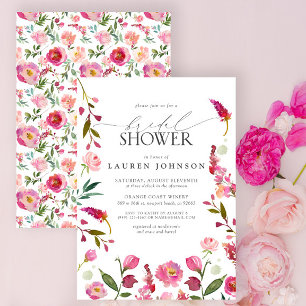 Vibrant Pink Watercolor Flowers Bridal Shower Invitation