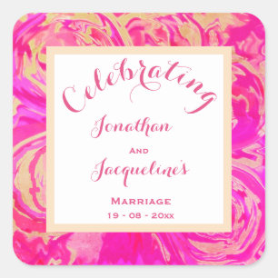 Vibrant Pink Wedding Elegant Script Names Chic Square Sticker