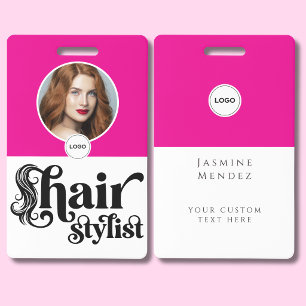 Vibrant Pink White Elegant Photo Hair Stylist ID Badge