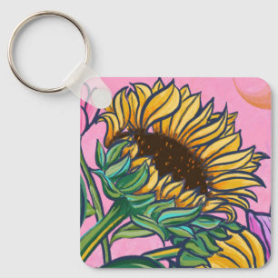 Vibrant Pink Yellow Artistic Sunflower Key Ring