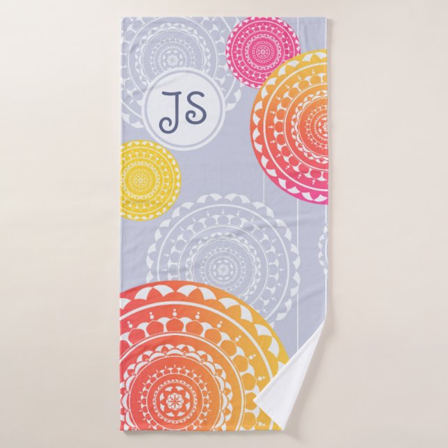 Vibrant Pink Yellow Random Mandala Monogram Bath Towel (Bath Towel)