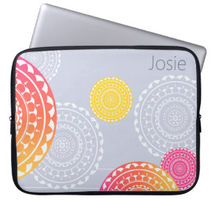 Vibrant Pink Yellow Random Mandala on Blue Name  Laptop Sleeve