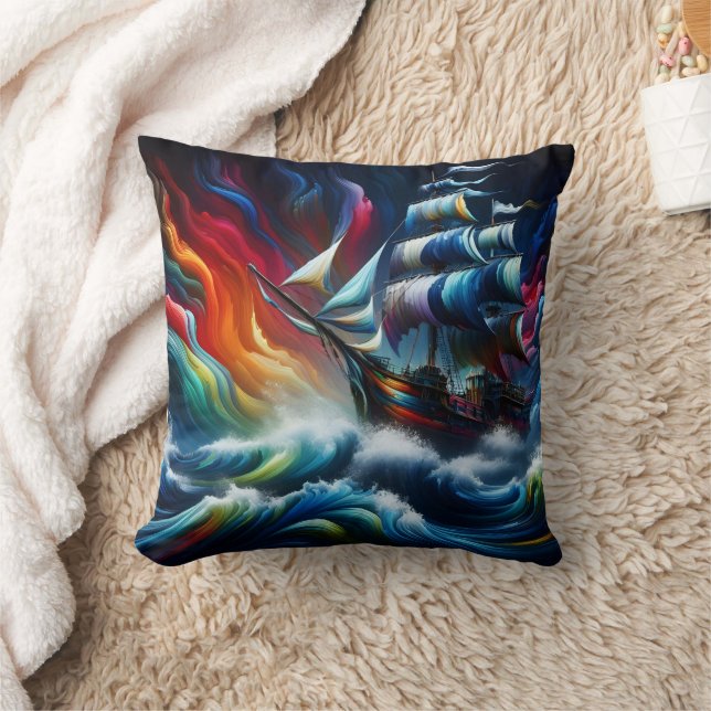 Vibrant Pirate Ship Navigating Stormy Seas at Dusk Cushion (Blanket)