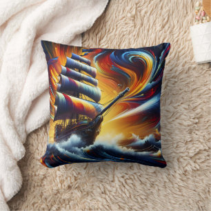Vibrant Pirate Ship Sailing Through Turbulent Seas Cushion