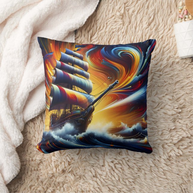 Vibrant Pirate Ship Sailing Through Turbulent Seas Cushion (Blanket)