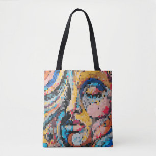 Vibrant pixel portrait in bold tones  tote bag