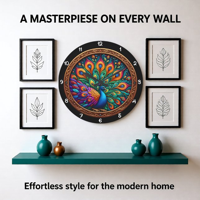Vibrant Plumage Peacock Mosaic Large Clock (Creator Uploaded)
