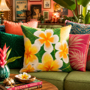 Vibrant Plumeria Flower Painting Green Yellow Cushion