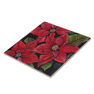 Vibrant Poinsettia In Watercolor Ceramic Tile
