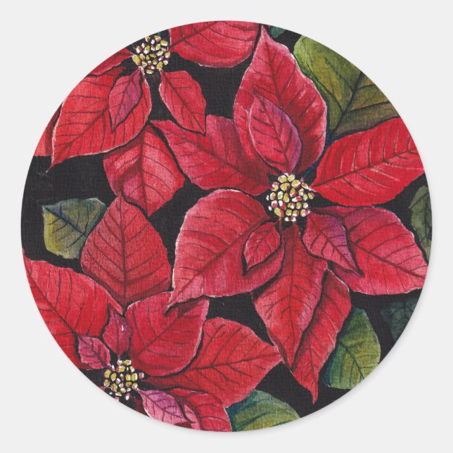 Vibrant Poinsettia In Watercolor  Classic Round Sticker (Front)