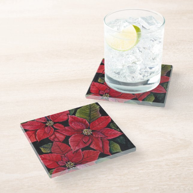 Vibrant Poinsettia In Watercolor  Glass Coaster (Angled)