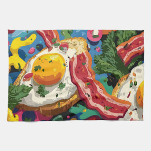 Vibrant Pop Art Abstract Pattern of Eggs and Bacon Tea Towel