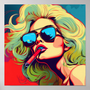 Vibrant Pop Art Blonde Woman Smoking Cartoon Poste Poster
