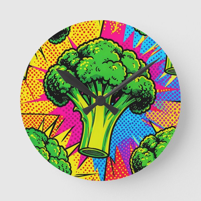 Vibrant Pop Art Broccoli Pattern Round Clock (Front)