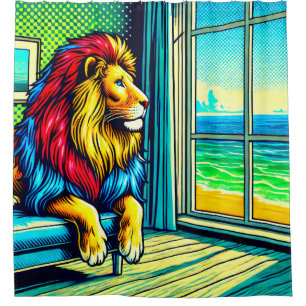Vibrant Pop Art Lion Ocean View Shower Curtain