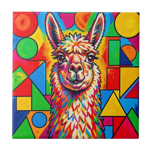 Vibrant Pop Art Llama Portrait Ceramic Tile (Front)
