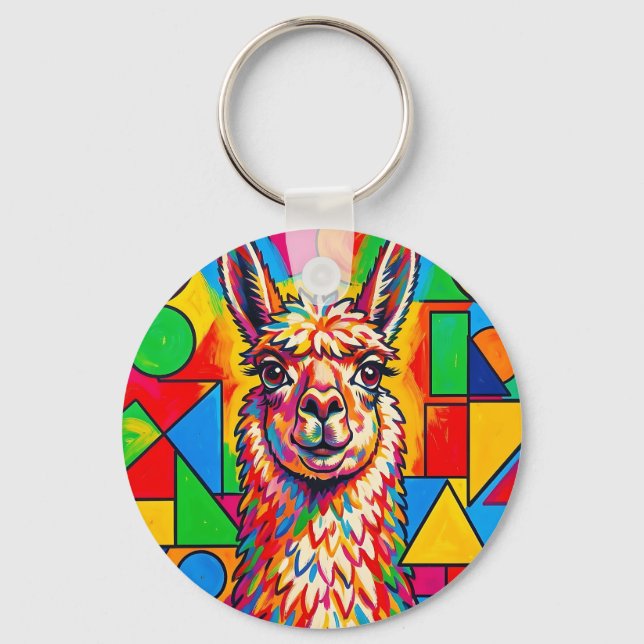 Vibrant Pop Art Llama Portrait Key Ring (Front)