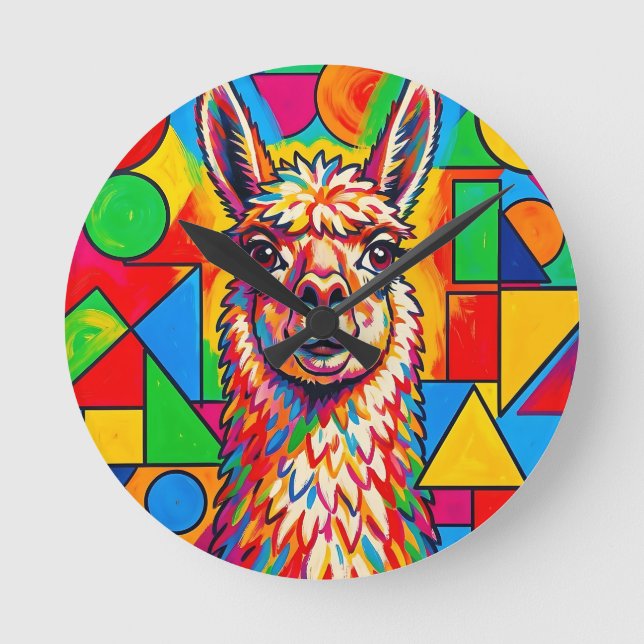 Vibrant Pop Art Llama Portrait Round Clock (Front)