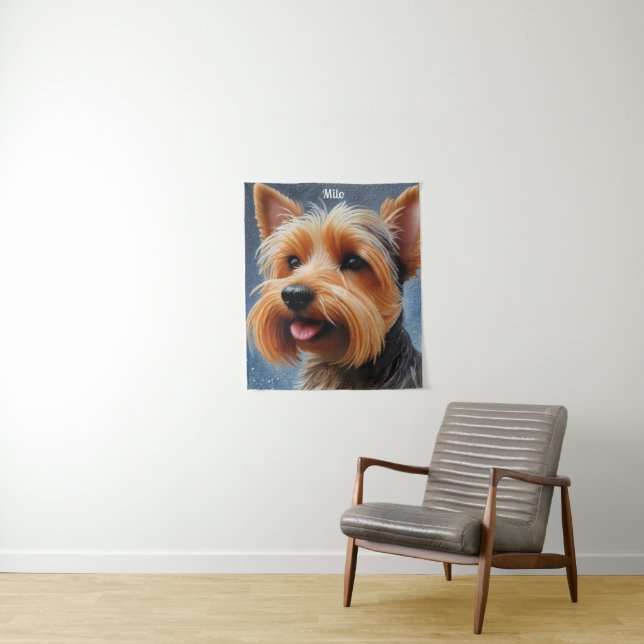 Vibrant Pop Pointillism Yorkshire Terrier Art Tapestry (In Situ)