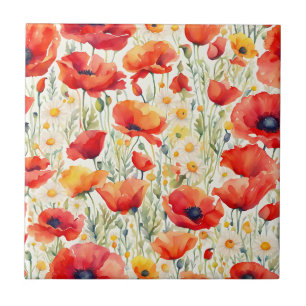 Vibrant Poppies and Daisies Watercolor Pattern Ceramic Tile