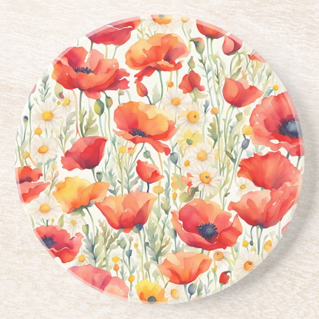 Vibrant Poppies and Daisies Watercolor Pattern  Coaster (Front)