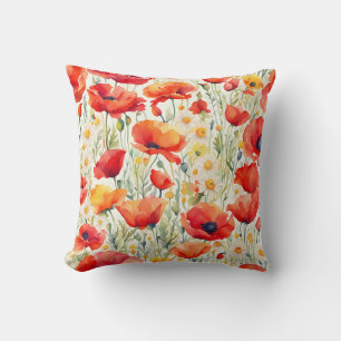 Vibrant Poppies and Daisies Watercolor Pattern  Cushion