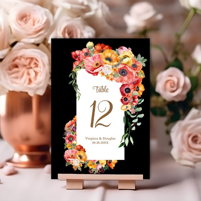 Vibrant Poppies Black Wedding  Table Number (Creator Uploaded)