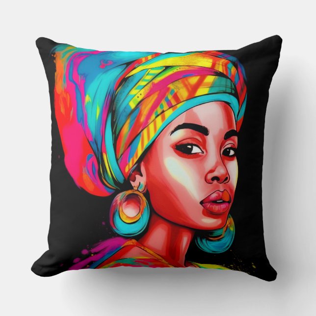 Vibrant Portrait with Colourful Headwrap  Cushion (Front)