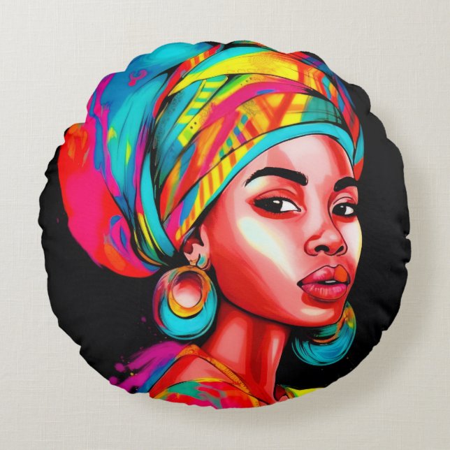 Vibrant Portrait with Colourful Headwrap  Round Cushion (Front)