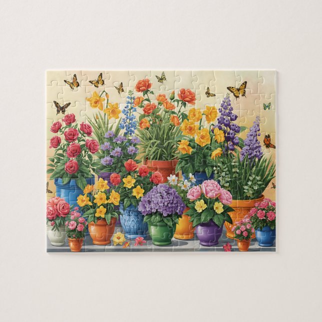 Vibrant Potted Flowers and Butterflies Jigsaw Puzzle (Horizontal)