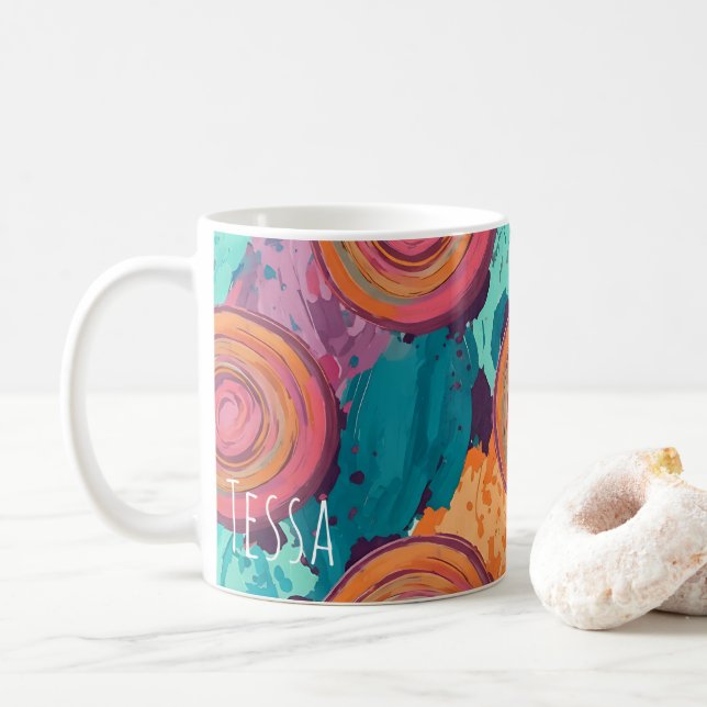 Vibrant Psychedelic Concentric Swirl Painterly Art Coffee Mug (With Donut)