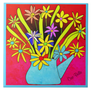 Vibrant Psychedelic Flowers in a Blue Vase  Ceramic Tile