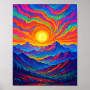 Vibrant Psychedelic Mountain Sunset Poster