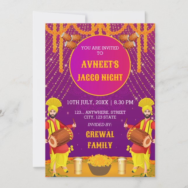 Vibrant Punjabi Jaggo Night Invitation Card (Front)