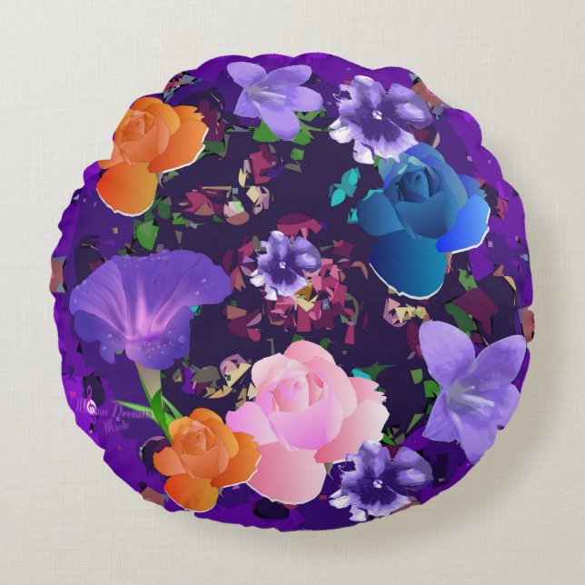 Vibrant Purple Abstract Floral Round Pillow (Front)