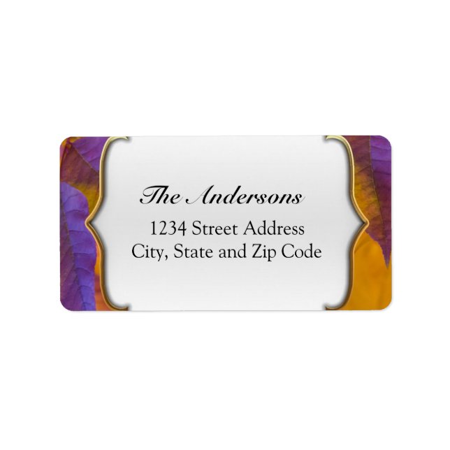 Vibrant Purple and Gold Fall Leaves Label (Front)