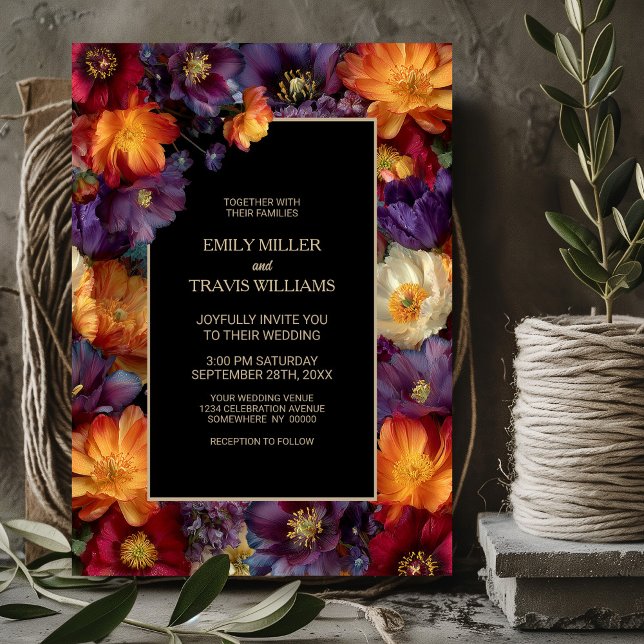 Vibrant Purple and Orange Floral Black Wedding Invitation (Creator Uploaded)