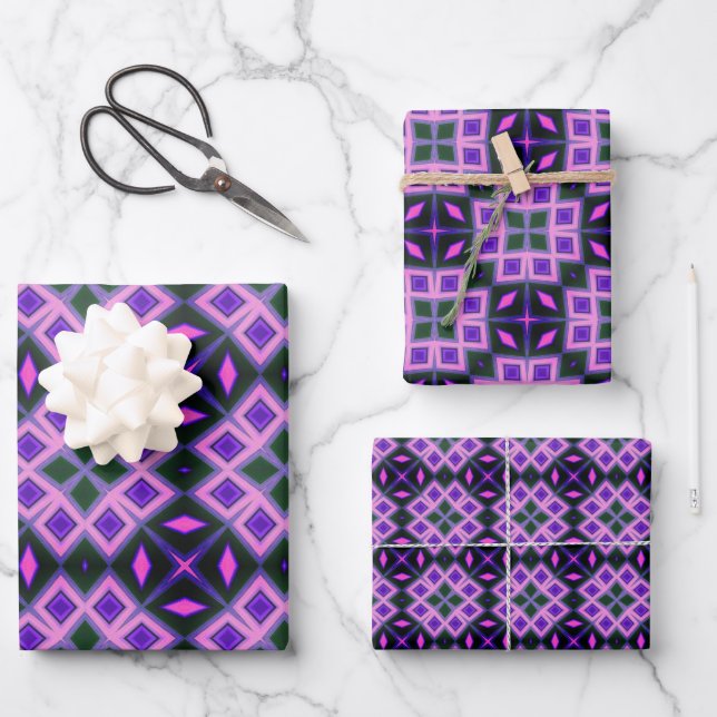 Vibrant Purple and Pink Geometric Diamond Pattern  Wrapping Paper Sheet (Front)