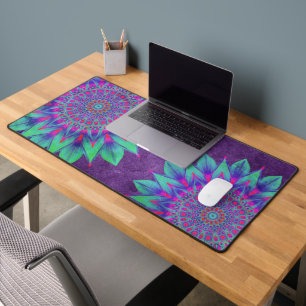 Vibrant Purple and Teal Mandala Flowers Nature Zen Desk Mat