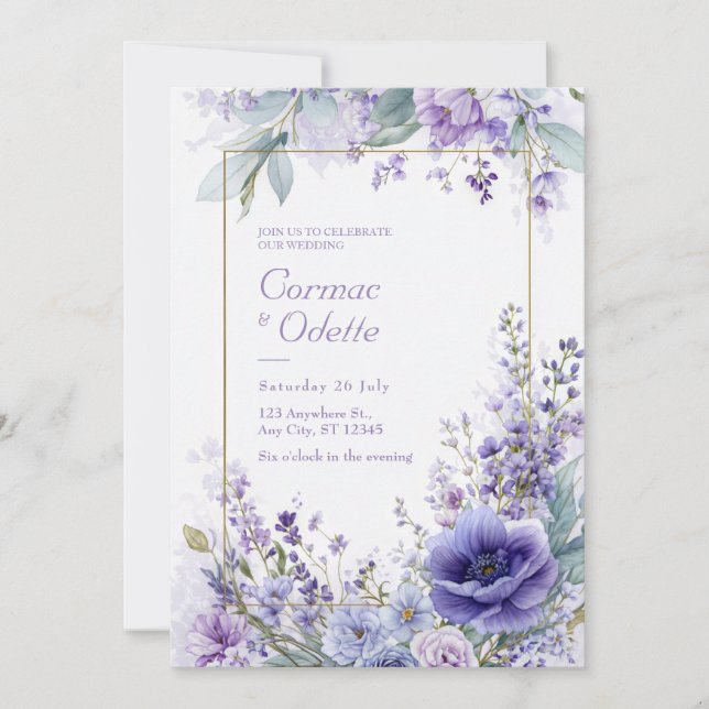 Vibrant Purple Anemone Botanical Gold Frame Invitation (Front)