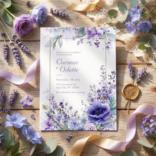 Vibrant Purple Anemone Botanical Gold Frame Invitation (Creator Uploaded)