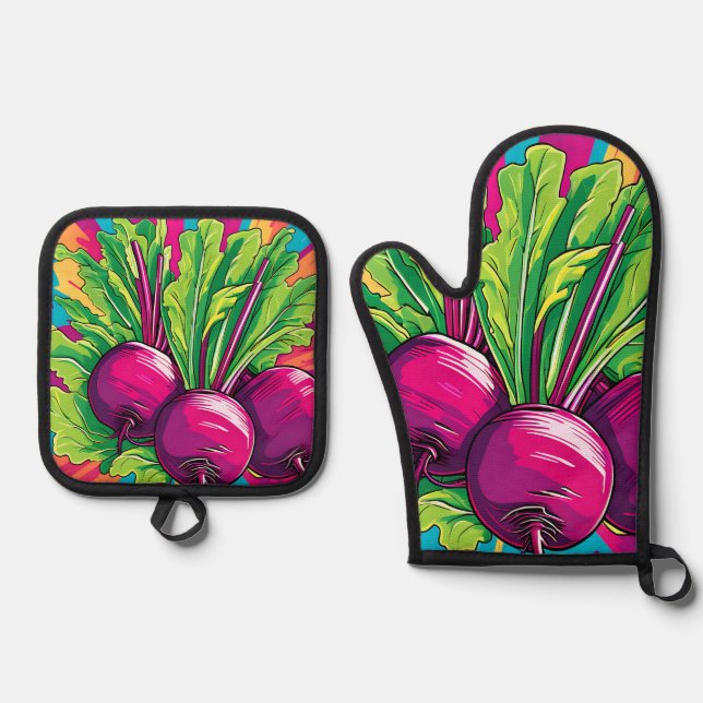 Vibrant Purple Beets Pop Art Oven Mitt & Pot Holder Set (Front)
