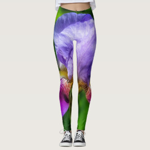 Vibrant purple blue and yellow iris flower leggings