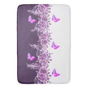 Vibrant Purple Butterfly and Botanical Design Bath Mat