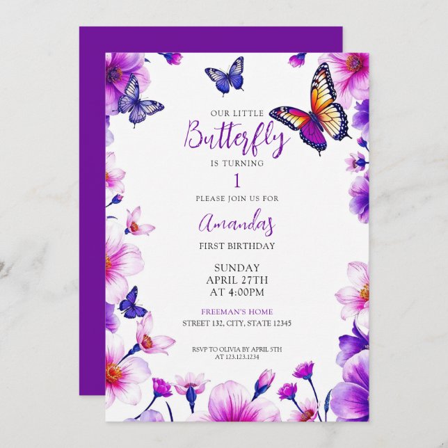 Vibrant Purple Floral Butterflies 1st Birthday Invitation (Front/Back)