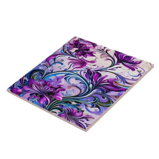Vibrant Purple Floral Design on Elegant Background Ceramic Tile (Side)