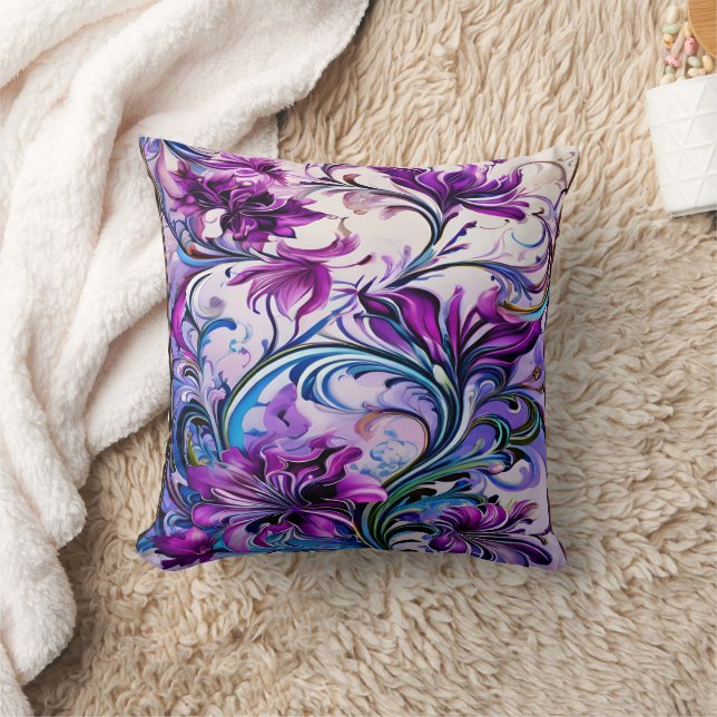 Vibrant Purple Floral Design on Elegant Background Cushion (Blanket)