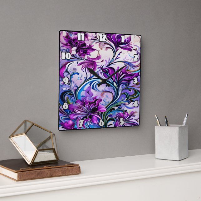 Vibrant Purple Floral Design on Elegant Background Square Wall Clock (Office)