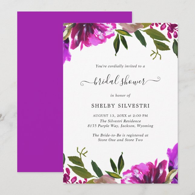 Vibrant Purple Floral Elegant Bridal Shower Invitation (Front/Back)