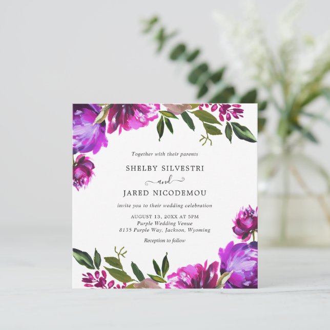 Vibrant Purple Floral Elegant Wedding Invitation (Standing Front)